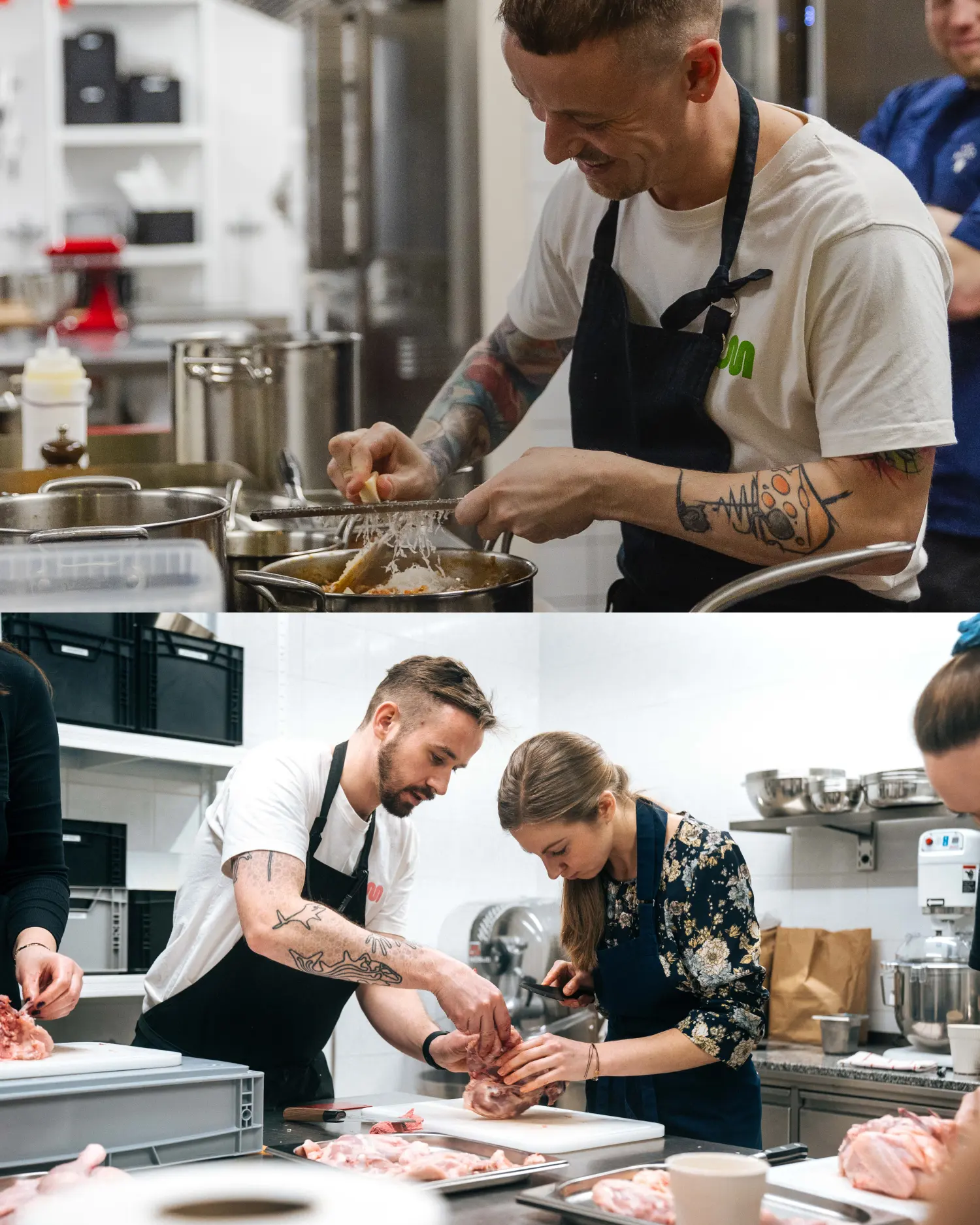 Chefs cooking in a professional kitchen, preparing meat and finishing a dish.