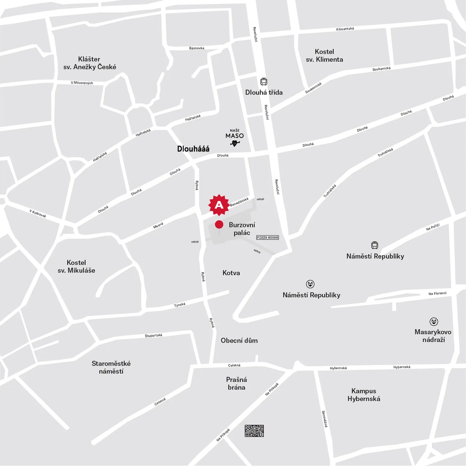 Map of Prague city centre showing the location of the Klub Ambiente in Burzovní palác near Náměstí Republiky.
